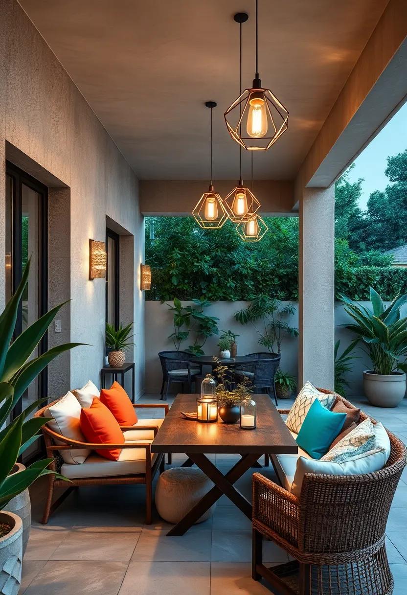 Geometric Pendant Lights Suspended Over a Chic Outdoor Dining Area Enhancing Elegance and Intimacy