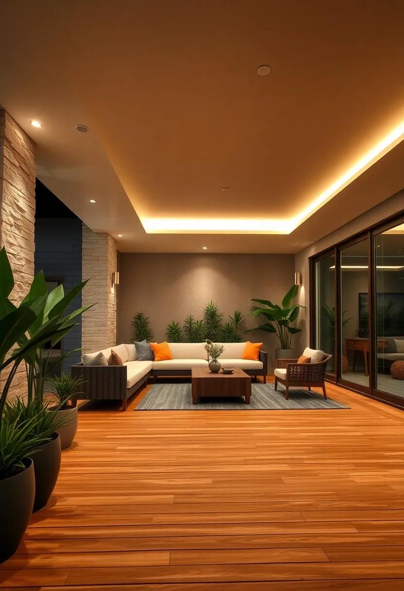 Linear Recessed Lighting Embedded in Wooden Decking Emphasizing Clean Geometry and Subtle Illumination