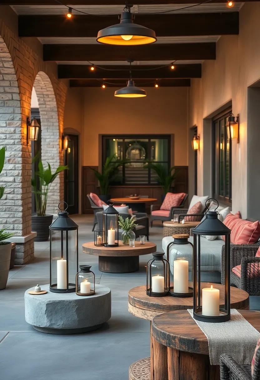 Mixed Metal Lanterns Grouped on Rustic Tables Balancing Contemporary Styles With Vintage Inspirations