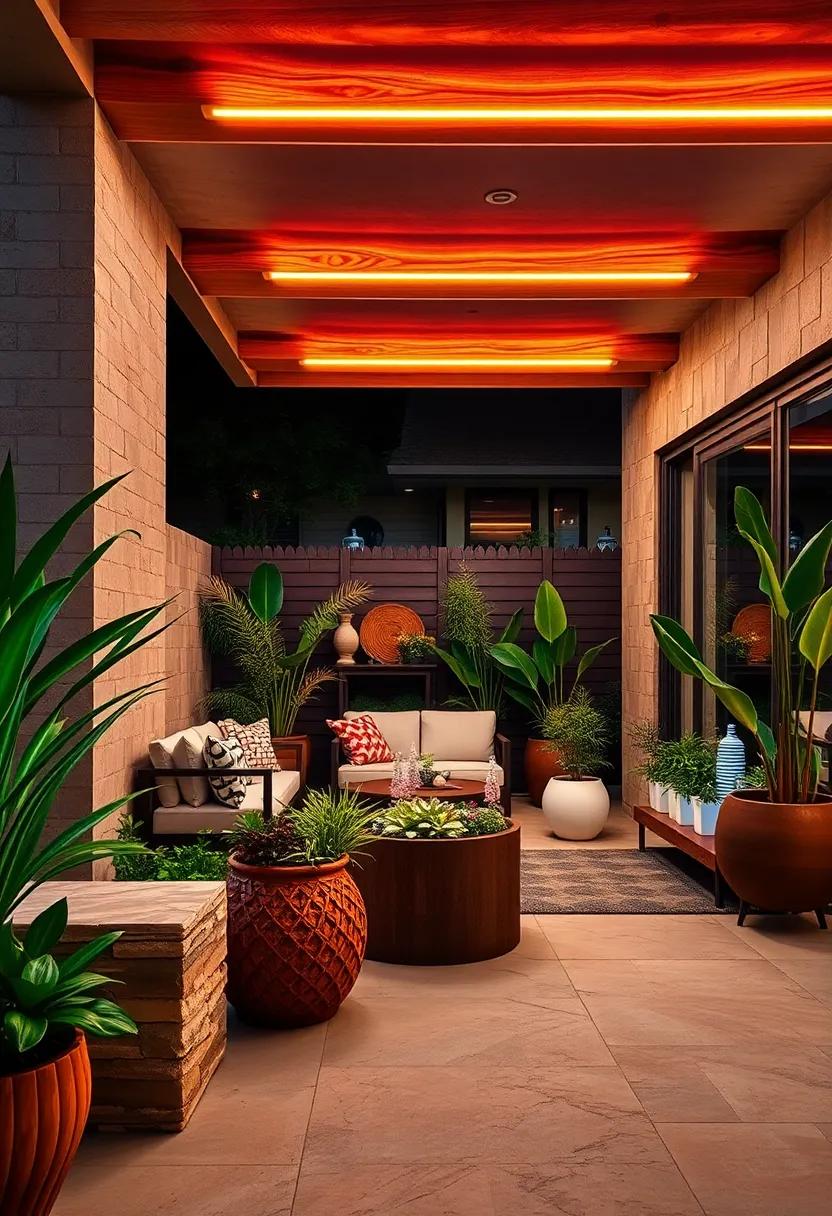 Multicolored Neon Tubes Integrated Into Planters for an Eclectic and Energetic Nighttime Patio Scene