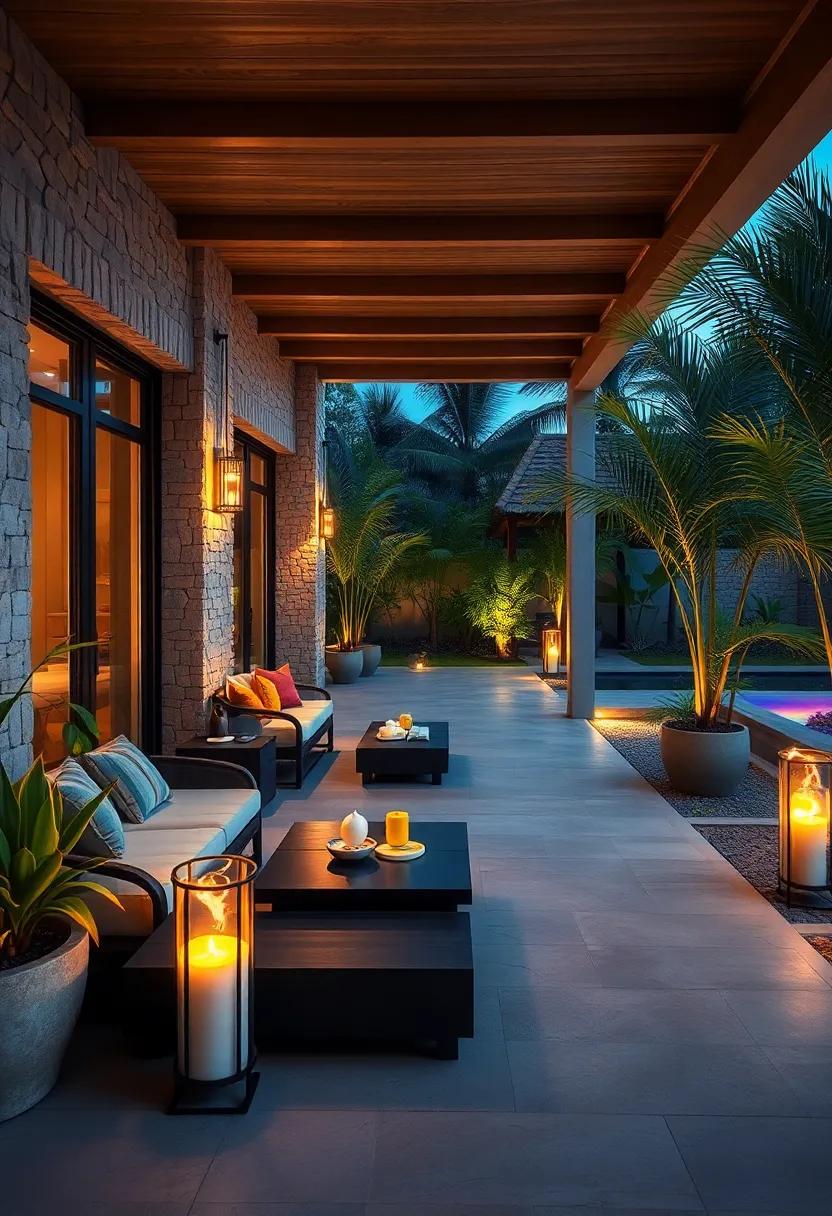 Natural Bamboo Torches Flickering Along Pathways Invoking a Tropical Island Resort Vibe at Dusk