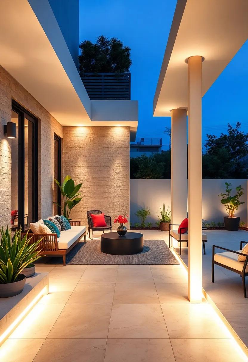 Sleek Minimalist Pole Lights Defining Modern Patio Boundaries With Crisp White Illumination and Clean Lines