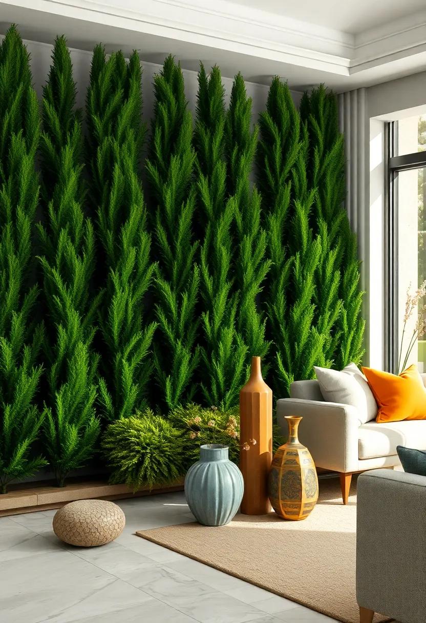 An Artistic Composition of Arborvitae Hedge Clusters with Complementary Garden Sculptures and Vases