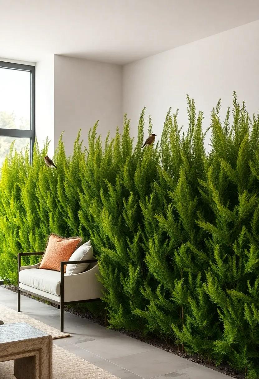 Birds Perched Among Thick Arborvitae Branches Showcasing Wildlife Thriving in Green Privacy Walls