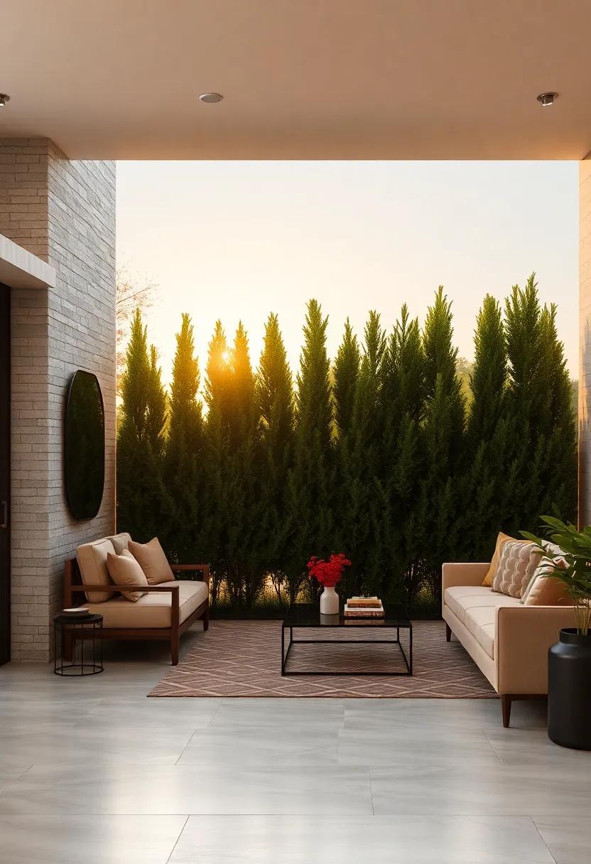 The Enchanting Glow of Golden Hour Highlighting the Silhouetted Shape of Dense Arborvitae Hedges