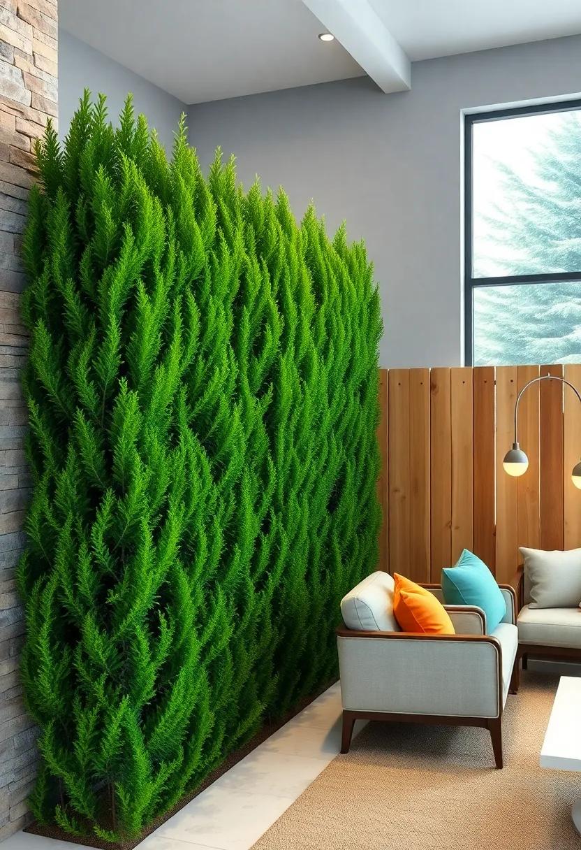 The Perfectly Shaped Arborvitae Hedge Creating Defined Natural Borders Along a Rustic Wooden Fence