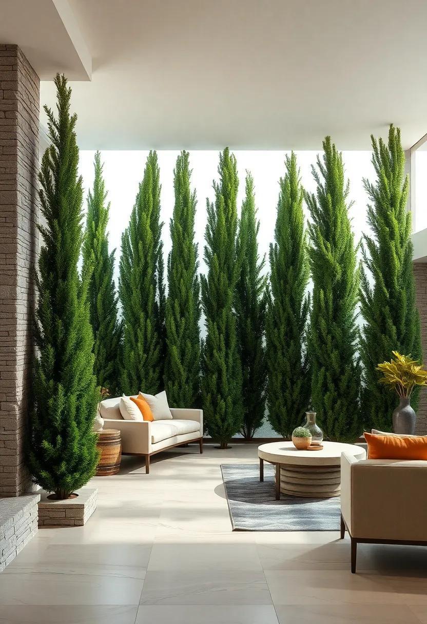 A Row of Tall Arborvitae Trees Standing Strong Against Wind and Noise, Enhancing Tranquility