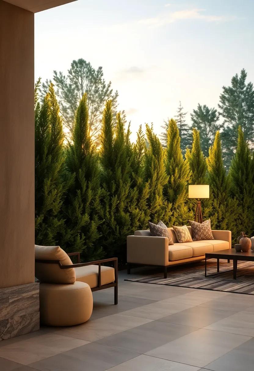 A Serene Evening Scene Bathed in Soft Light with Arborvitae Privacy Hedges Casting Gentle Silhouettes