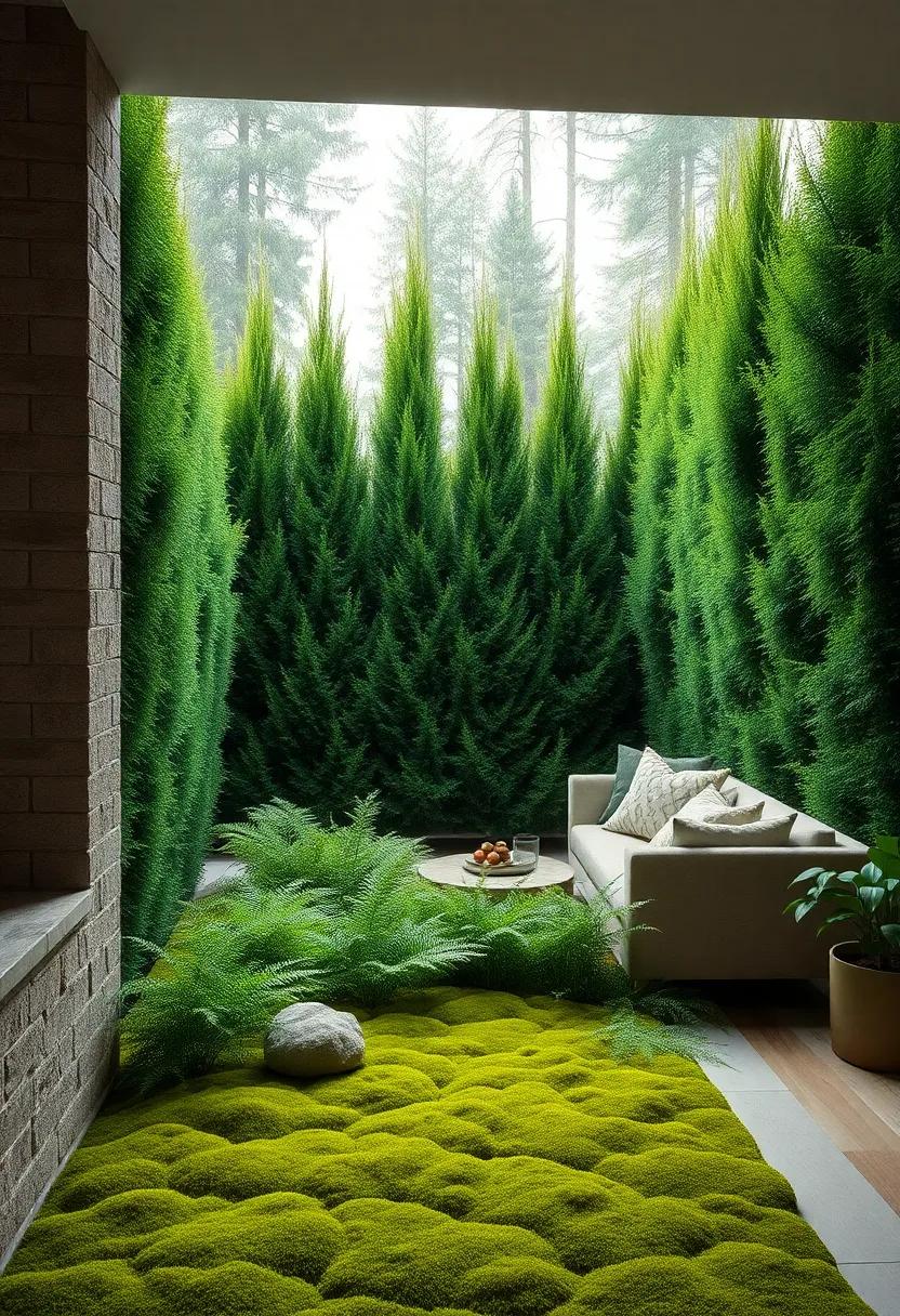 Soft Moss and Fern Undergrowth Flourishing Beneath Towering Arborvitae Hedges in a Woodland Scene