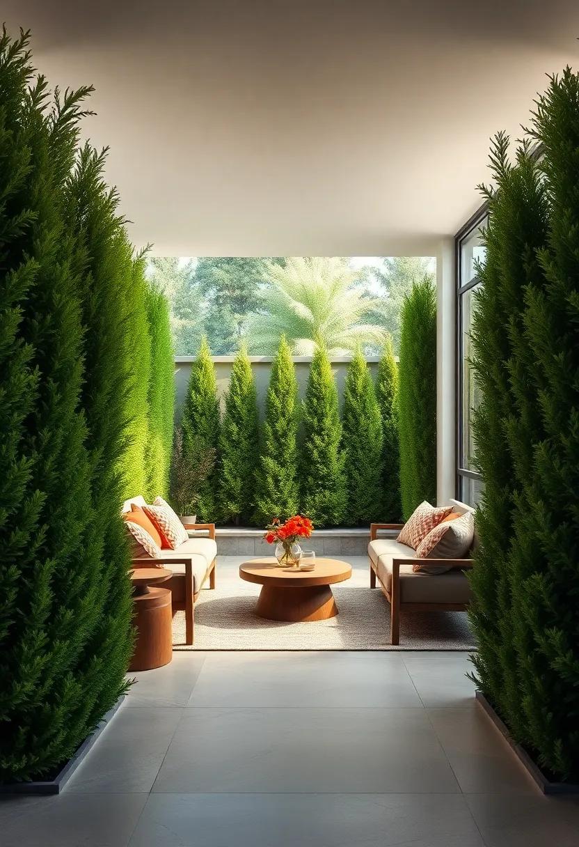 A Tranquil Garden Retreat Framed by Arborvitae Privacy Walls with a Cozy Seating Area Inviting Relaxation