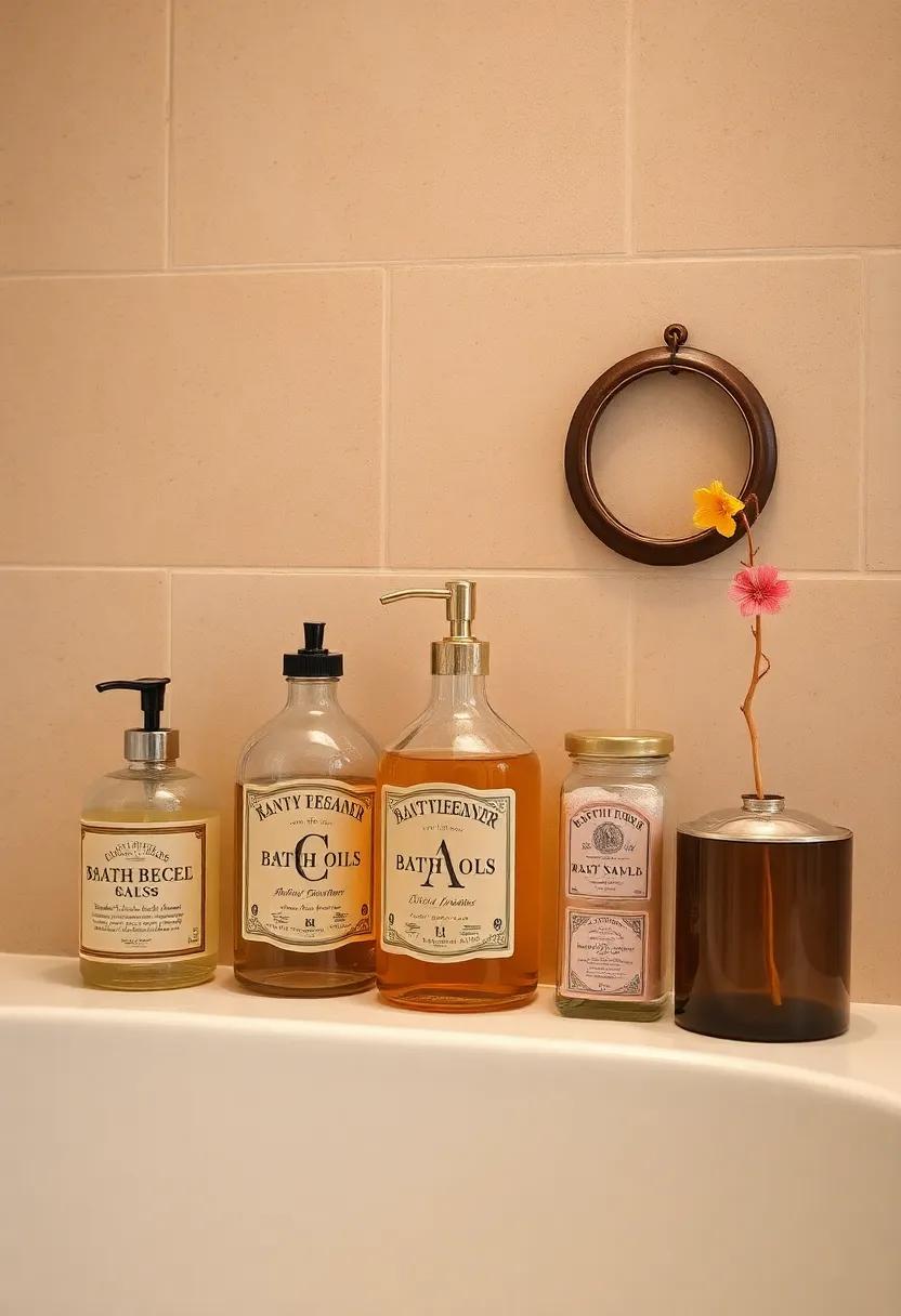 Classic Glass Bottles for Bath Oils and Bath Salts with Vintage Labeling for Luxurious Bathroom Vignettes
