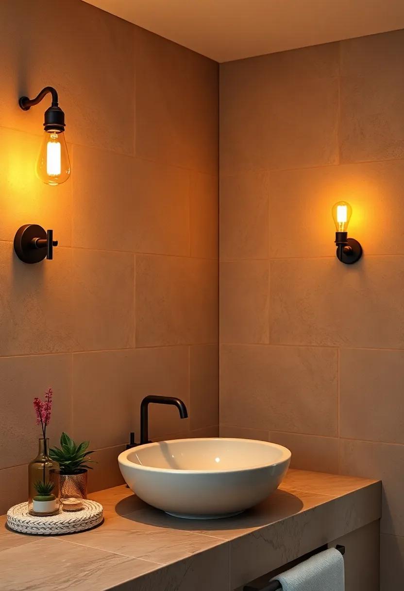 Soft Glow From Vintage Edison Bulbs Mounted in Retro Wall Sconces Creating Warm Bathroom Ambiance