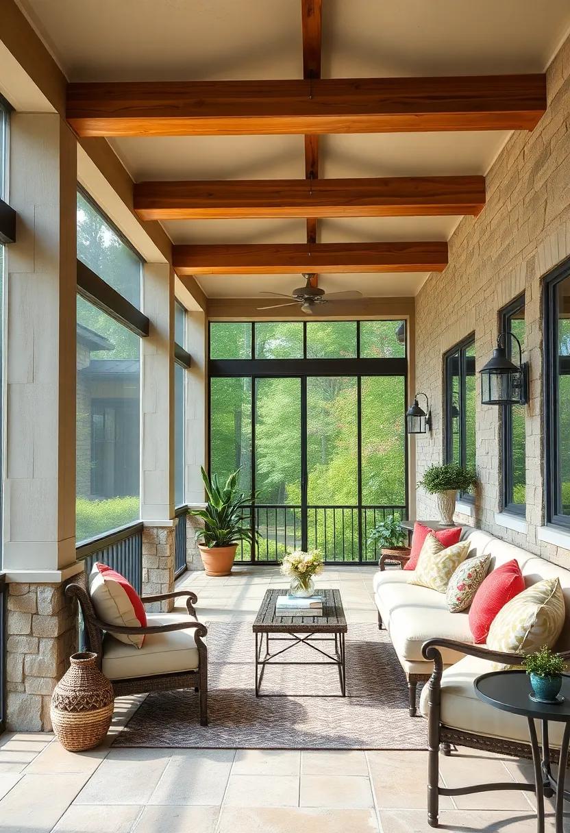 Classic Architectural Details Highlighted by Handcrafted Wooden Beams on a Traditional Screened Porch