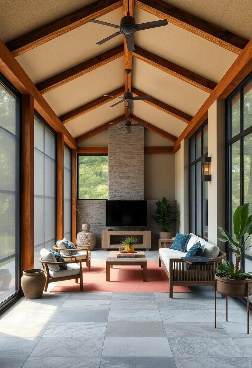 The Contrast of Smooth Screen Panels Against Rough Hewn Wooden Beams in a Secluded Porch