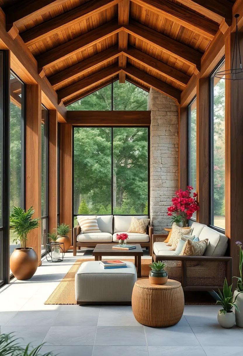 A Cozy Reading Nook Nestled Among Robust Wooden Beams with a View of the Outdoors