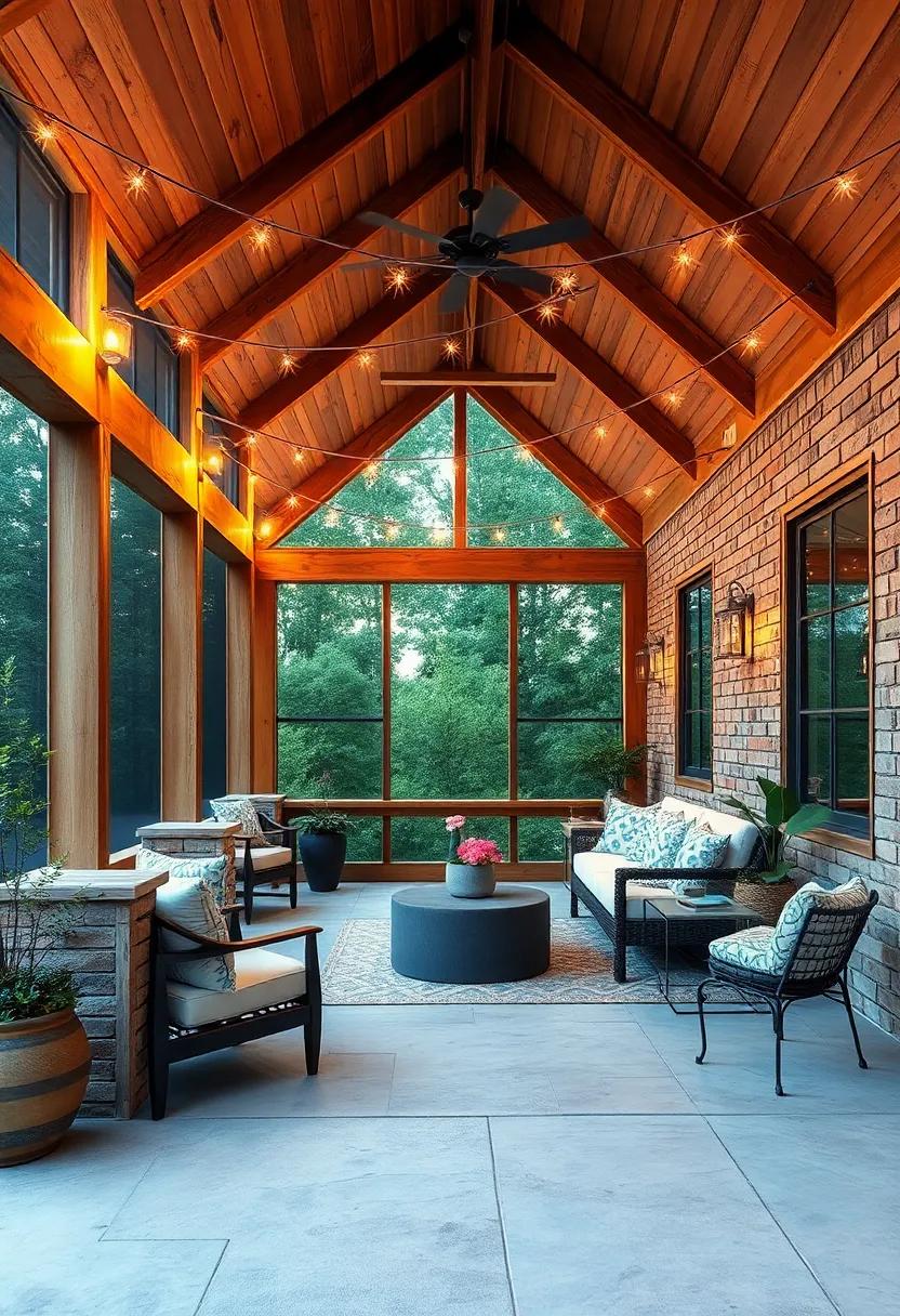 Evening Ambiance Created by Soft String Lights Draped Over Sturdy Wooden Beams on the Porch