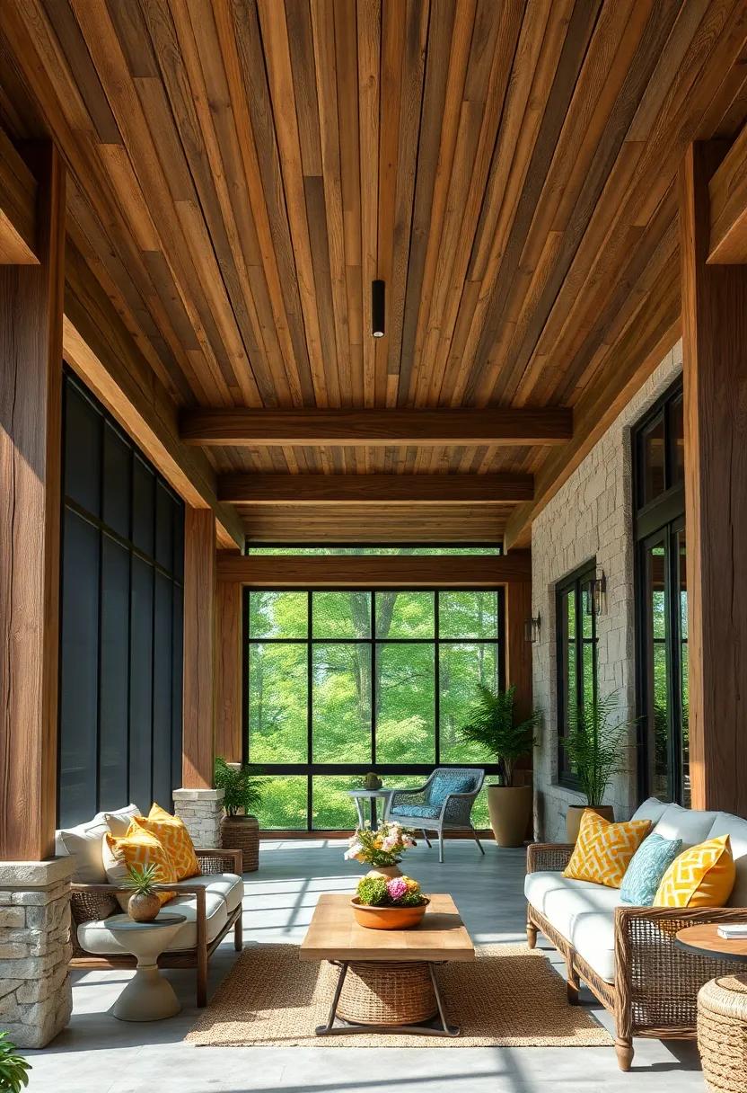 The Intricate Grain Patterns of Aged Wooden Beams Paired with Comfortable Rustic Furnishings