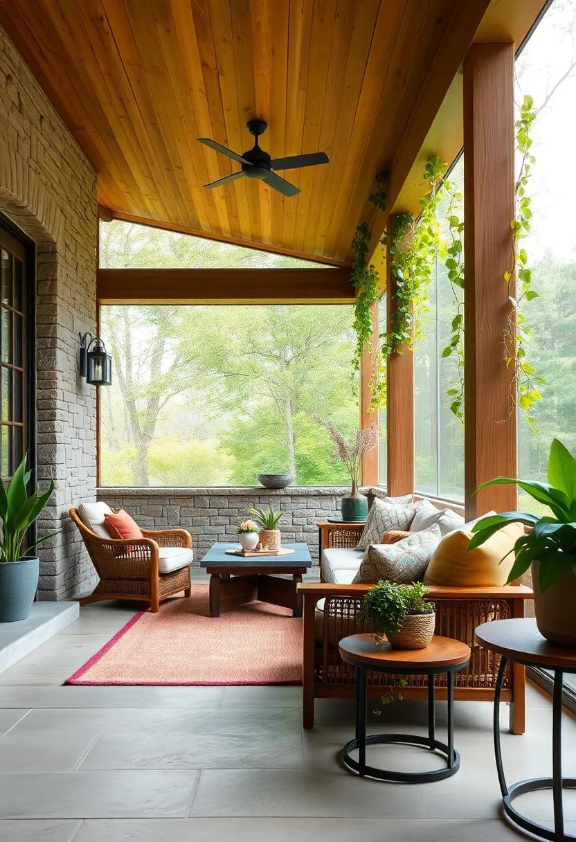 Natural Tones and Textures Combining Warm Wood and Greening Vines on a Charming Porch