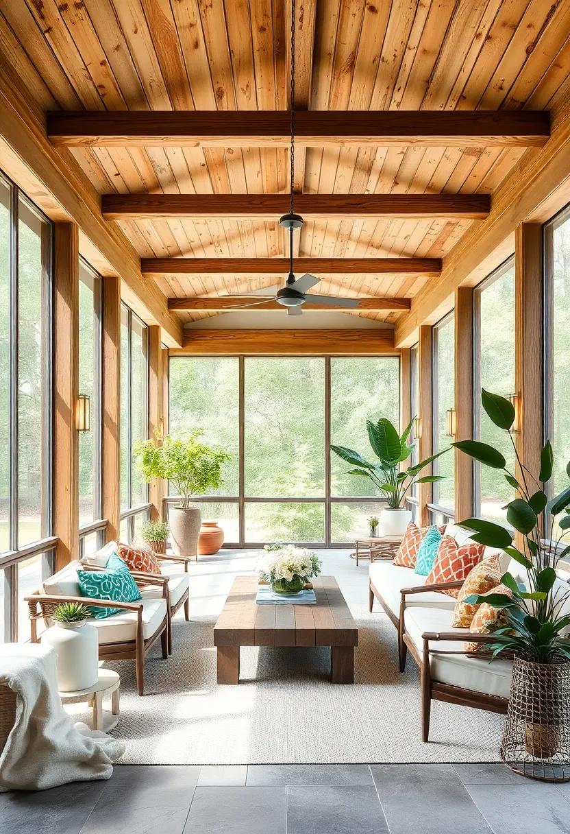 The Organic Beauty of Weathered Wood Beams Complemented by Botanical Accents and Soft Furnishings