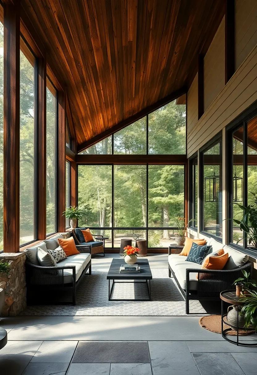 A Peaceful Retreat Surrounded by Nature with Sturdy Wooden Beams Framing the Screened Porch