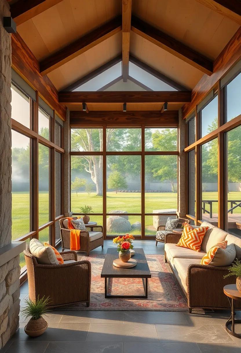 Serene Morning Mist Surrounding a Wooden Beam Screened Porch Overlooking a Peaceful Meadow