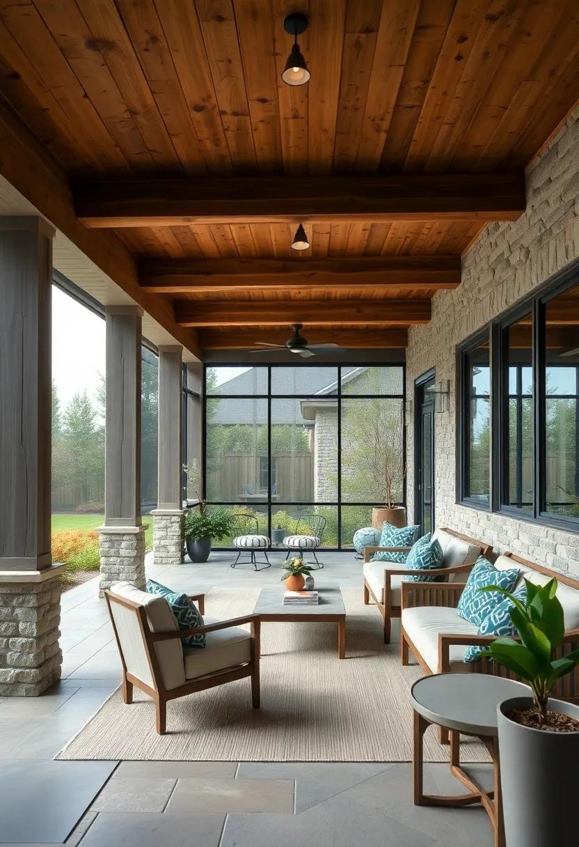 The Subtle Elegance of Exposed Wooden Beams Joining Vintage Screened Panels in Outdoor Design