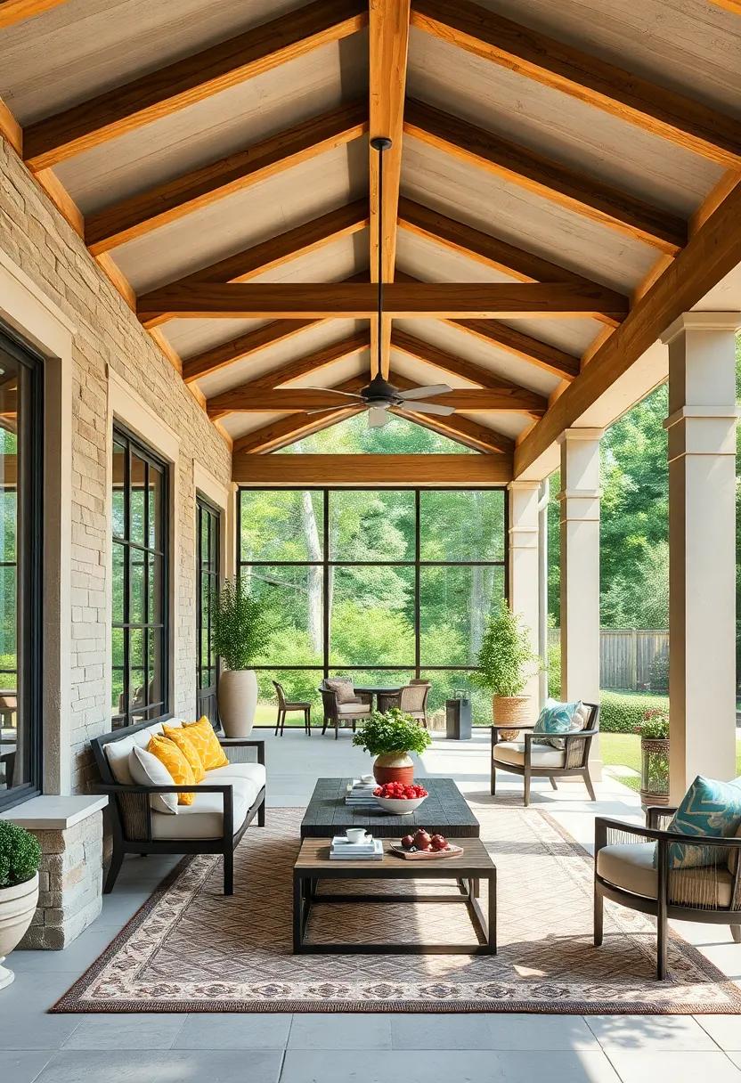 The Symmetry and Strength of Vintage Wooden Beams Supporting an Elegant Outdoor Living Space