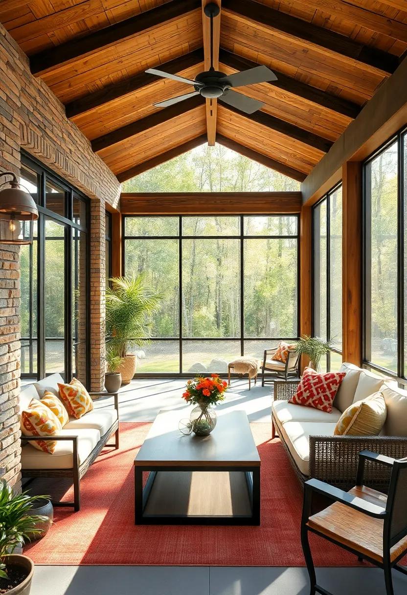 The Warm Glow of Sunlight Filtering Through Rustic Wooden Beams on a Cozy Screened Porch