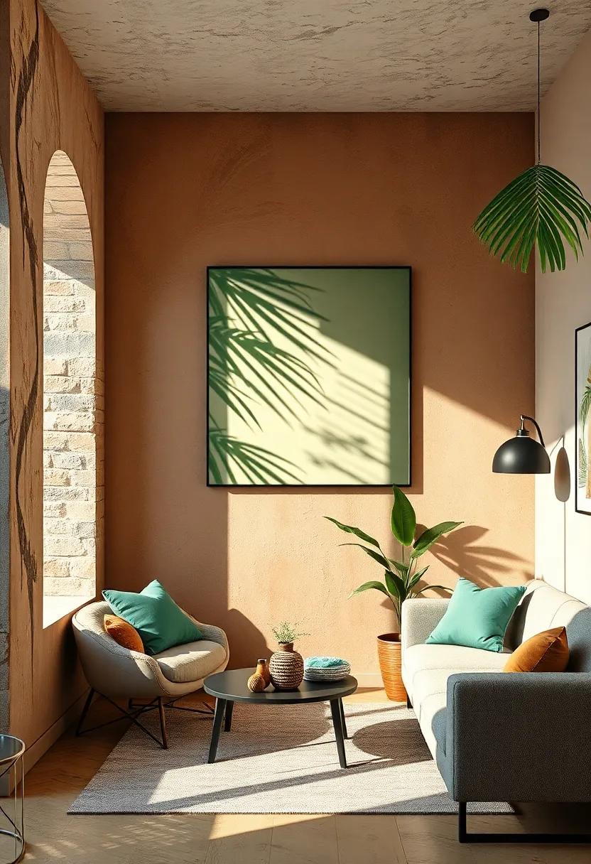 Deep Green Palm Shadows Falling Over Earth Toned Walls in a Cozy Urban Studio Flat