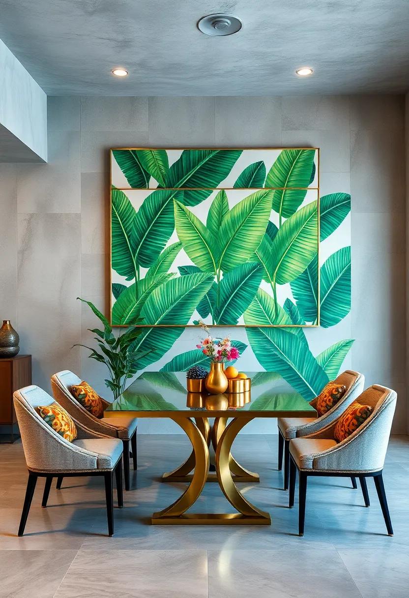 Bold Banana Leaf Patterns Merging Elegantly With Brass Accents in a Chic Dining Space