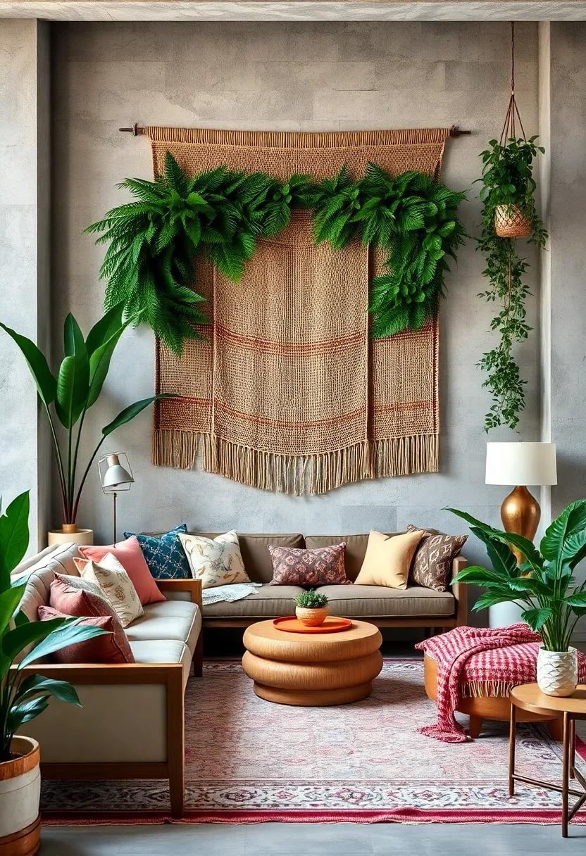Deep Jungle Vibes From Dense Ferns Mixed With Textured Wall Hangings in a Boho Loft