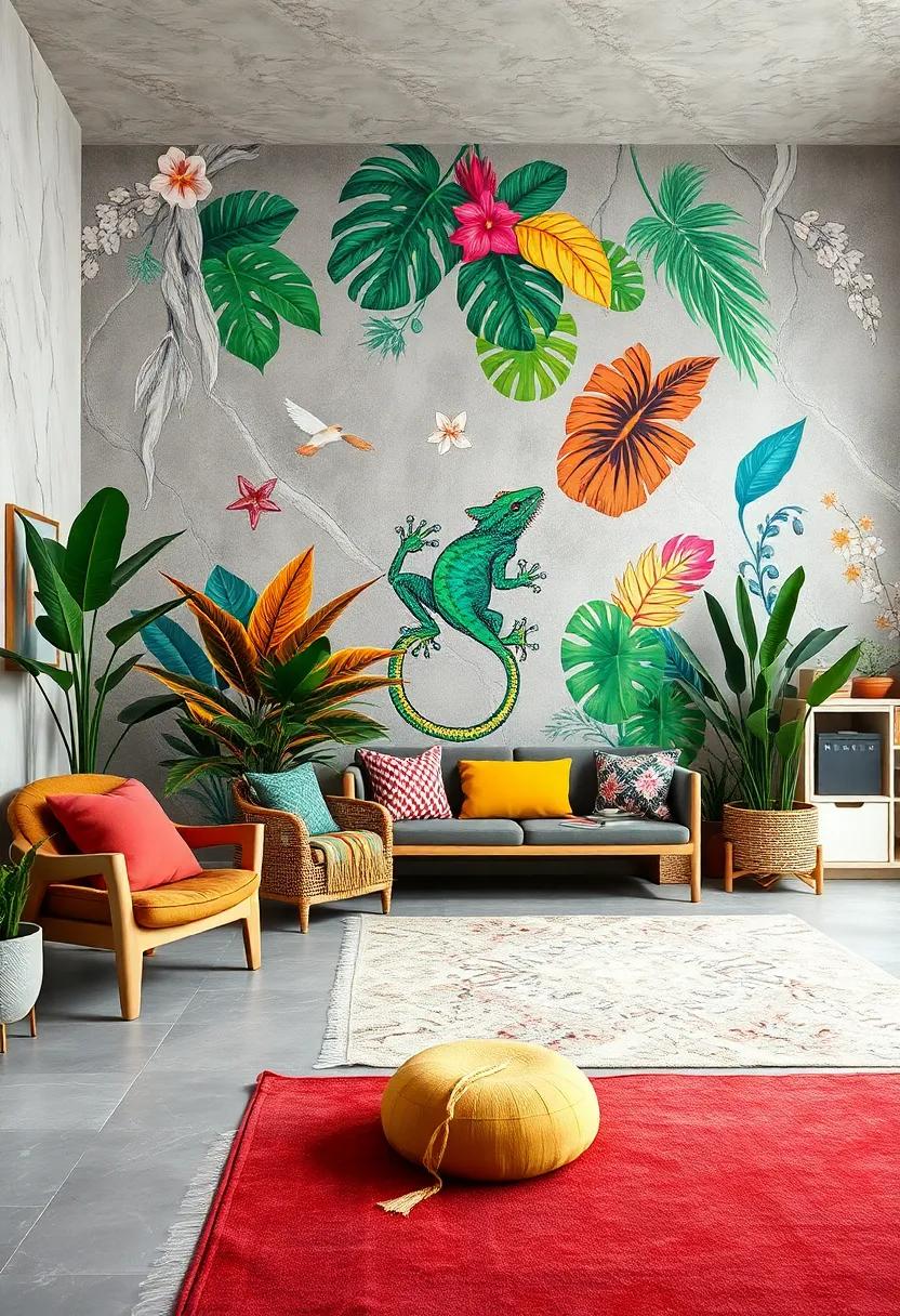 Colorful Gecko Among Tropical FMotifs Brightening An Eclectic Children's Playroom Wall