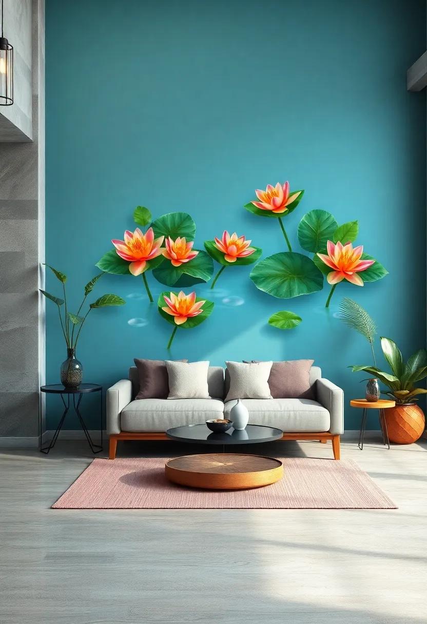 Lush Water Lilies Floating on Calm Blue Backgrounds Lending Peace to a Meditation Corner