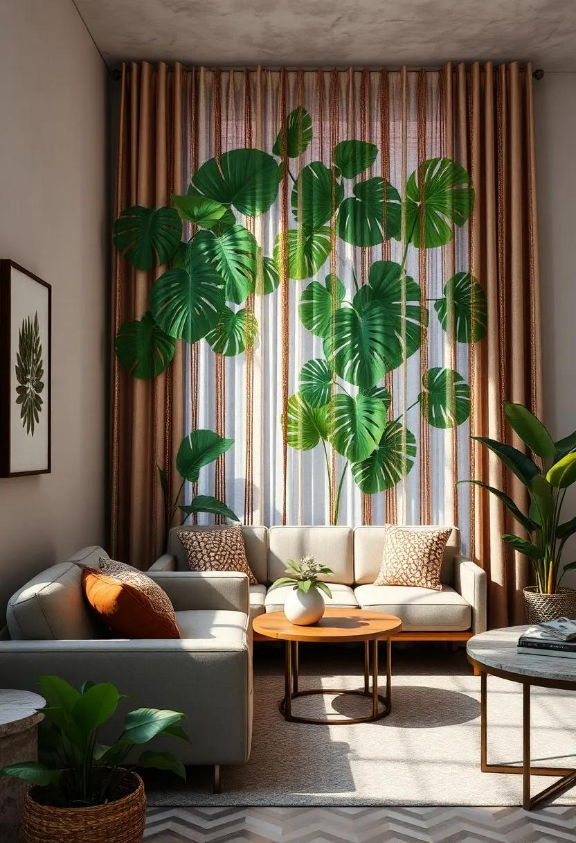 Mix of Tropical Leaves Interwoven With Metallic Thread Curtains Casting Artistic Shadows