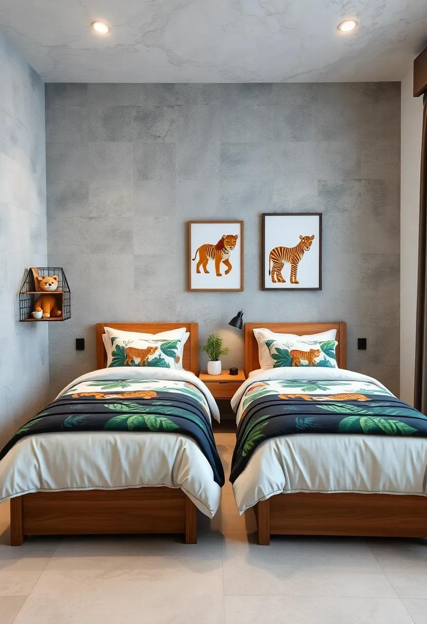 Youthful Twin Bedroom Boasting Jungle Themes In Bedding And Wall Art Along With Toy Storage Solutions