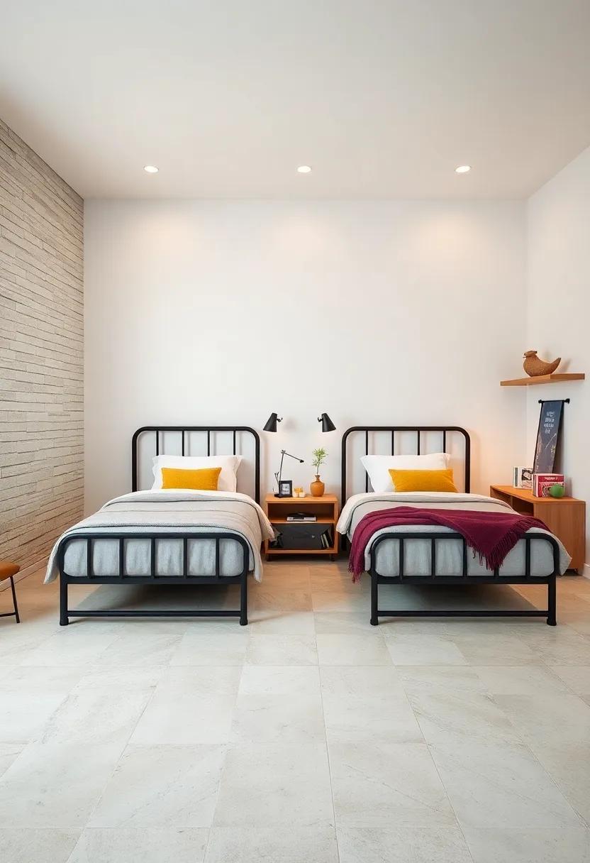 Industrial Style Twin Bed Frames Combined With Minimalist Storage Solutions In Boys' Shared Room
