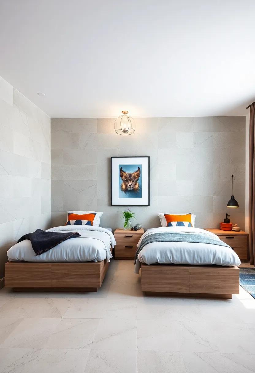 Space-Saving Twin Beds With Underbed Drawers Positioned Opposite A Shared Study Nook For Boys