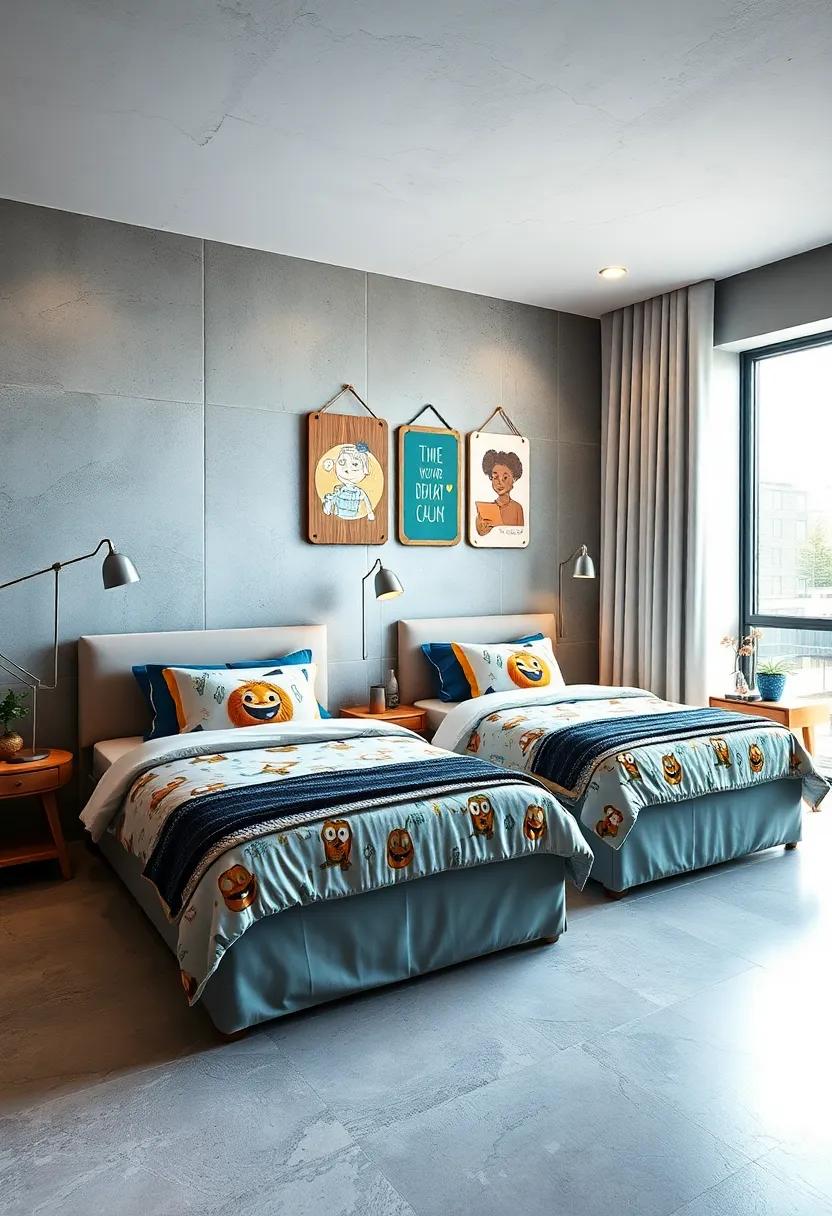Inviting Twin Beds Neatly Arranged With Cartoon Inspired Bedding And Hanging Display Boards For Art