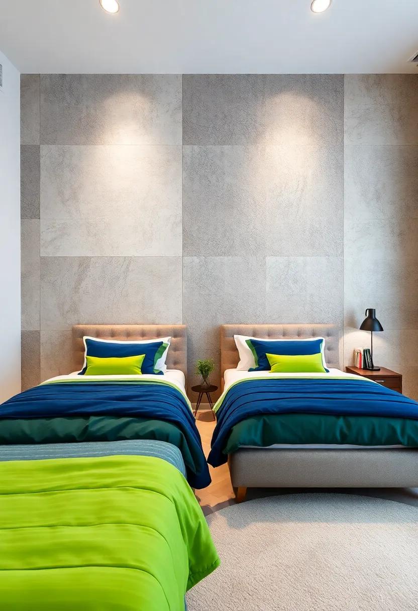 Textured Accent Wall Highlighting Twin Beds With Coordinated Green And Blue Bedding For Boys' Room