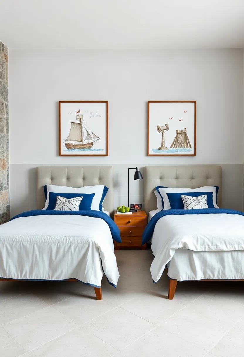 Twin Beds With Nautical Blue And White Linens Set Against A Wall Adorned With Boyish Adventure Art