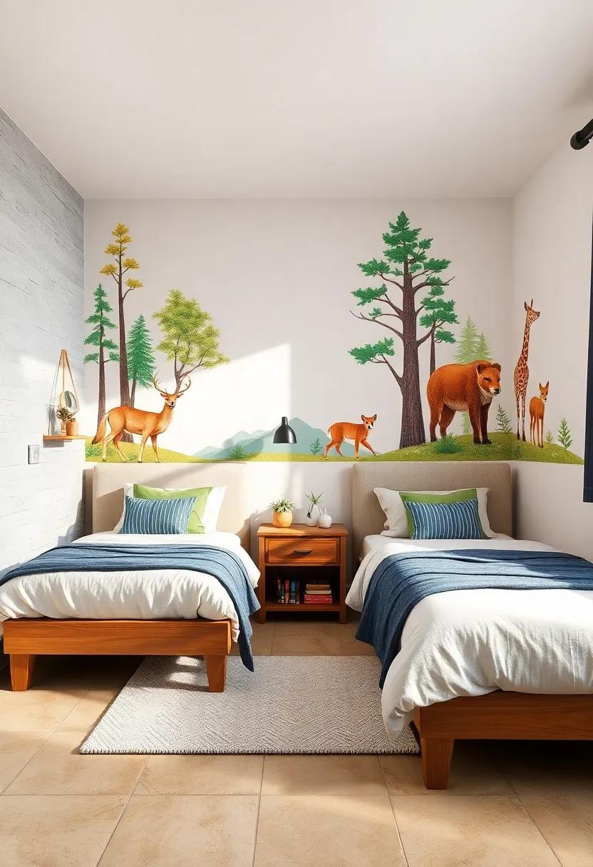 Vibrant Wall Murals Of Forest Animals Enhancing A Twin Bedroom Designed For Two Boys' Shared Retreat