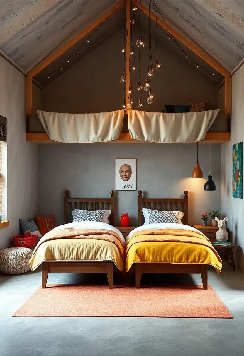 A Vibrant Boys Shared Room Featuring Twin Beds Nestled In A Loft With Hanging Fairy Lights