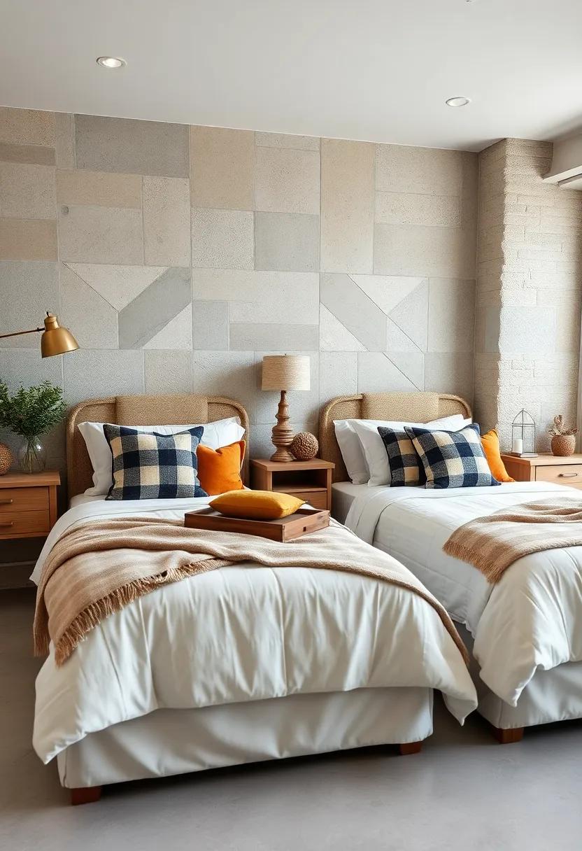 Country Style Twin Beds With Plaid Beddings Paired With Cozy Throws And Rustic Decorative Items