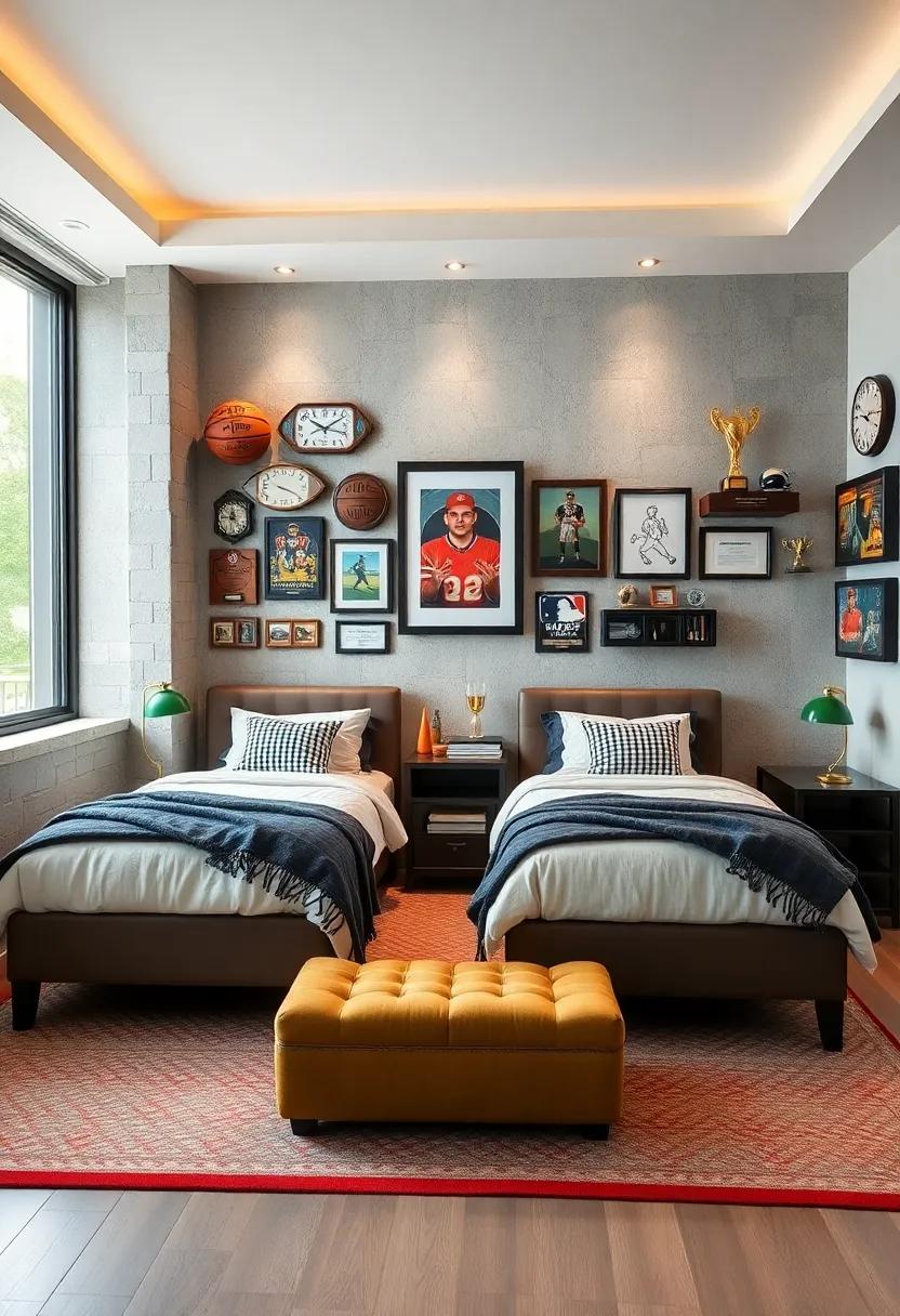 Whimsical Twin Beds Surrounded By Collection Displays Of Sports Memorabilia And Trophies For Boys