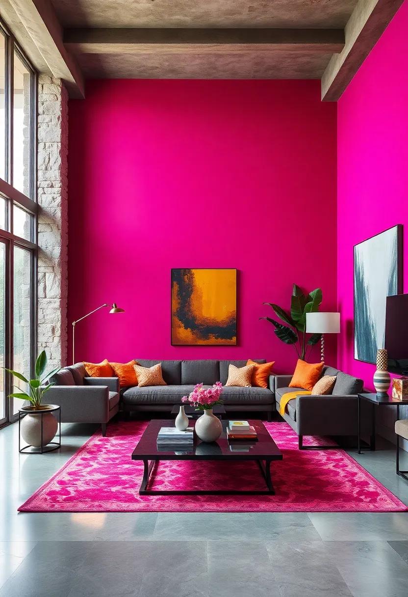Vivid Magenta Walls Transforming Neutral Living Rooms into Playful and Energetic Spaces