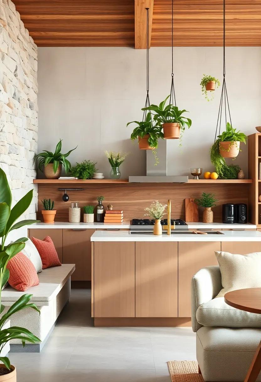 Cozy Kitchen Nooks Framed by Warm Timber Accents and Hanging Botanical Gardens