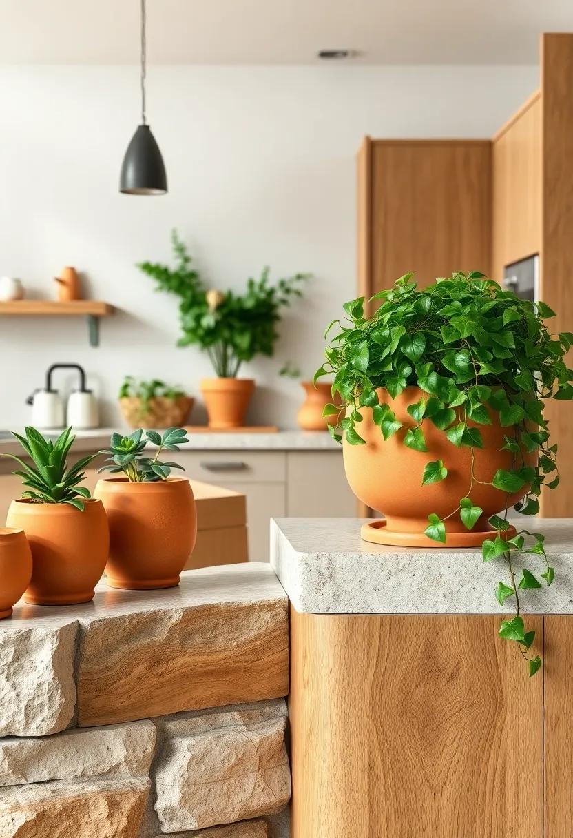 Earth-Toned Clay Pots Resting on Rough Hewn Timber Ledges with Cascading Ivy
