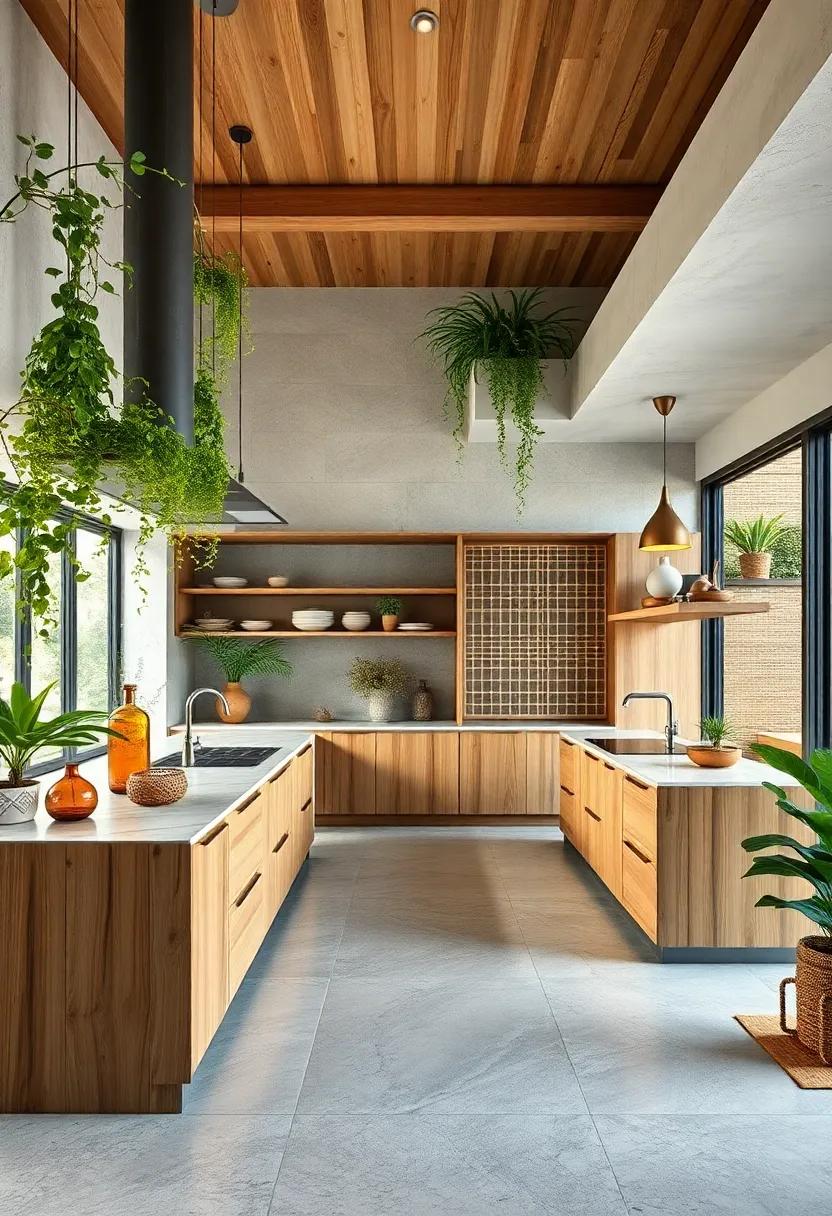 Handcrafted Wooden Kitchen Islands Surrounded by Hanging Vines and Bamboo Screens