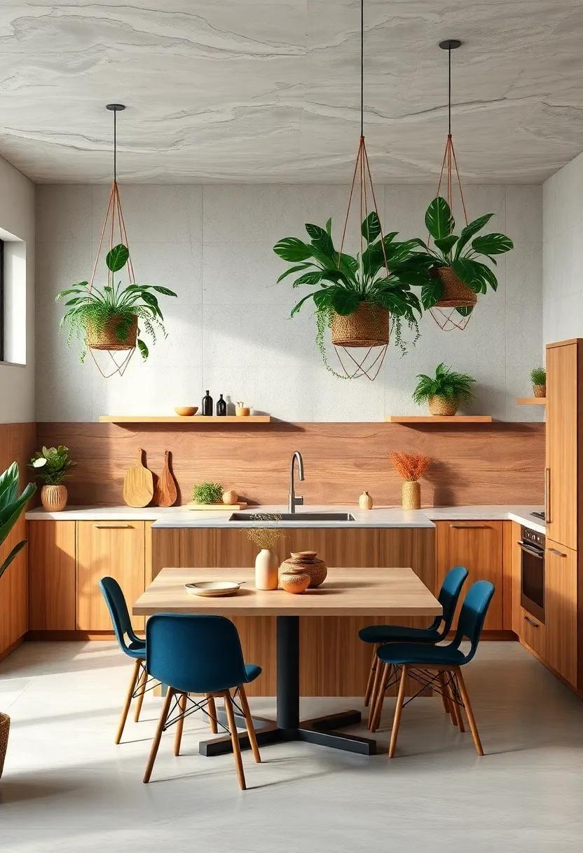Indoor Jungle Vibes with Warm Pine Cabinets and Hanging Planters of Tropical Leaves