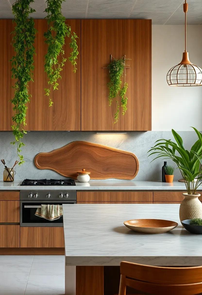 Intricate Wood Carvings Decorating Kitchen Backsplashes Amidst Cascading Ferns